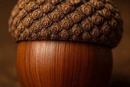 Acorn closeup on wooden background. Shallow depth of field.の素材