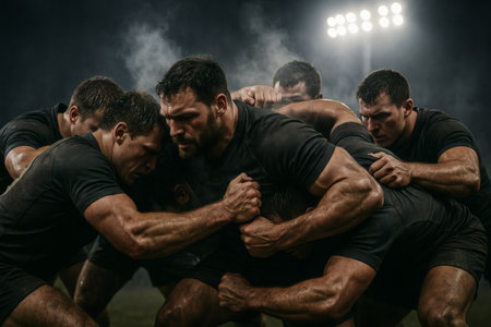 Group of rugby players fighting for ball on field under spotlights.の素材