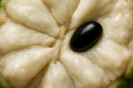 Custard apple fruit with black olives, close-upの素材