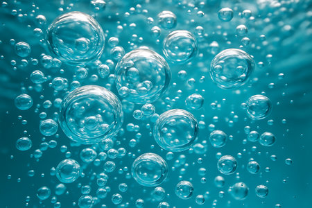 Bubbles in blue water close up. Abstract background with air bubbles.の素材