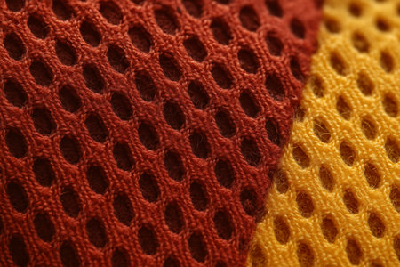 Ultra macro of sports jersey fabric showing mesh texture and visible fibers. Detailed textile close-up, athletic clothing surface, sportswear macro detail.の素材