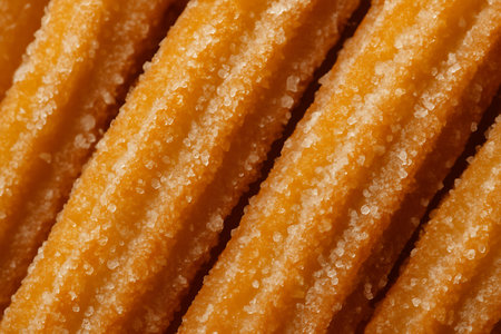 Macro close-up of churros sugar texture showing crispy golden surface with sweet granules. Dessert background perfect for bakery, pastry, and sweet food design concepts.の素材