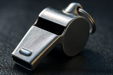 Silver Metal Whistle on a Black Background Closeup. Sport Conceptの素材
