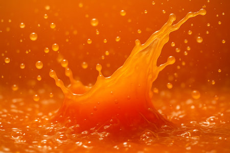 orange juice splash isolated on orange background, macro photo with shallow DOFの素材