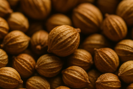 Close up of coriander seeds. Macro image of coriander seeds.の素材