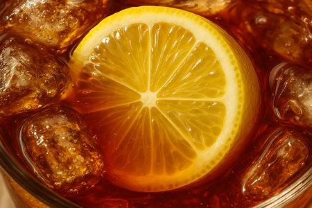 Cuba libre cocktail with ice cubes and lemon slice close upの素材