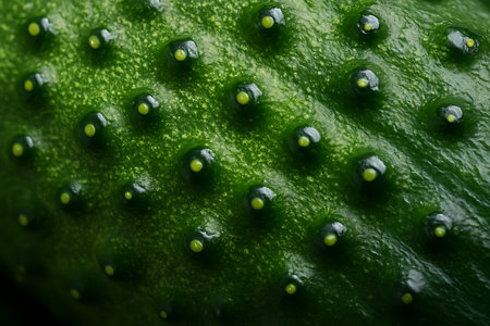 Macro close-up of cucumber skin texture showing detailed natural surface and fresh green pattern. Organic vegetable background perfect for healthy food and nature concepts.の素材