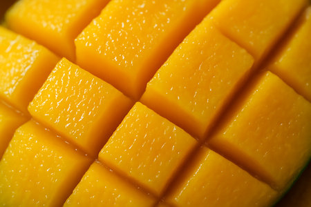 Close up of fresh mango slices on a wooden table. Shallow depth of field.の素材