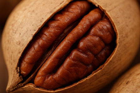 Pecan nuts close-up macro photography. Healthy food backgroundの素材