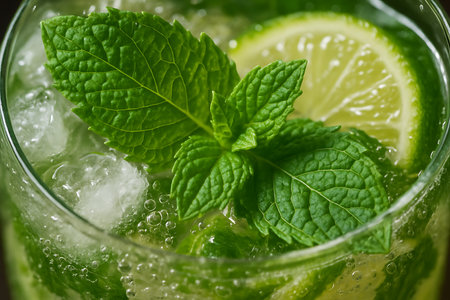 Mojito cocktail with lime and mint, close up, macroの素材