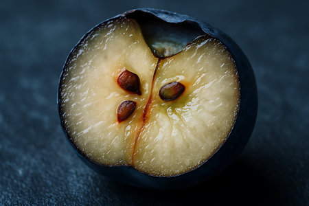 Close up of fresh blue plum fruit cut in half on dark stone backgroundの素材
