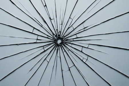 Pieces of broken glass on a gray background. View from above.の素材