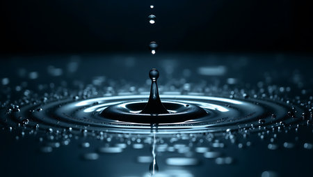 Falling drops of water. Splash effect after collision a falling drops with water Surfaceの素材