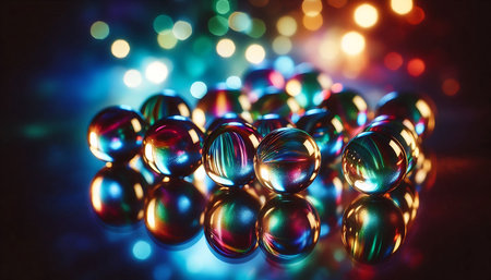 Colorful background with glass balls and bokeh lights. Copy space.の素材