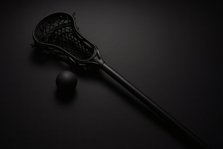 Black lacrosse stick and ball on black background, top view.の素材