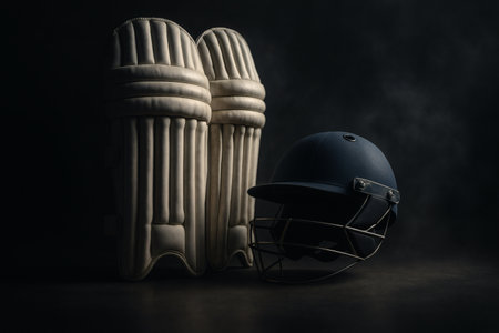 Cricket Gear Cinematic Focus on Dark Background â Professional Sports Equipment with Dramatic Lightingの素材