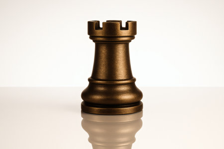 Dark Gold Rook Chess Piece on White Background â Symbol of Strength, Stability and Strategic Defenseの素材