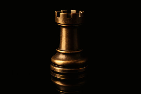 Dark Gold Rook Chess Piece on Black Background â Symbol of Strength, Stability and Strategic Defenseの素材