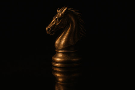Dark Gold Knight Chess Piece on Black Background â Symbol of Strategy, Intelligence and Eleganceの素材