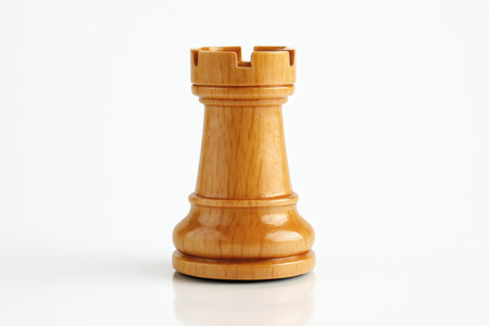 Light Wood Rook Chess Piece on White Background â Symbol of Strength, Stability and Strategic Foundationの素材