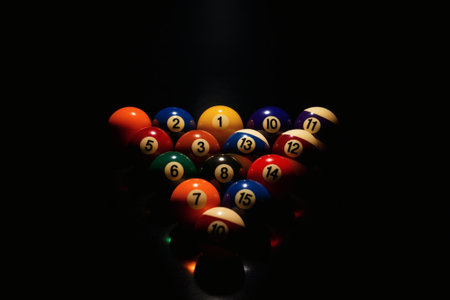 Billiard balls on black background. Billiard table. Billiard balls on black backgroundの素材