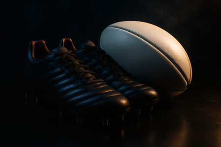 Rugby ball and shoes on a dark backgroundの素材