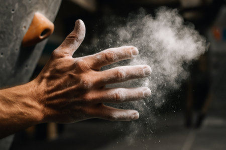 Macro View of Climber's Hand Releasing Chalk Dust â High Detail Athletic Training Texture Photographyの素材