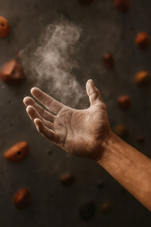 Macro View of Climber's Hand Releasing Chalk Dust â High Detail Athletic Training Texture Photographyの素材