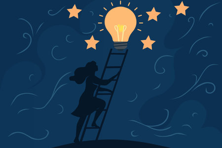 Businesswoman climbing a ladder to a glowing light bulb. Business concept vector illustration.のイラスト素材