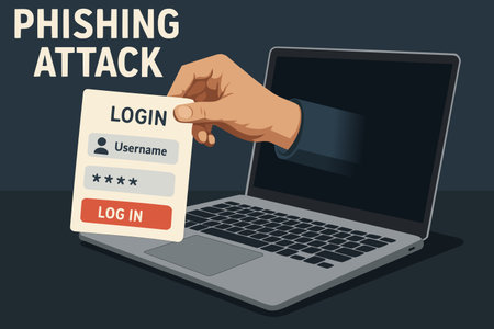 Phishing Hand Emerging from Laptop. Cybersecurity Threat Concept for Digital Safety and IT Awarenessのイラスト素材