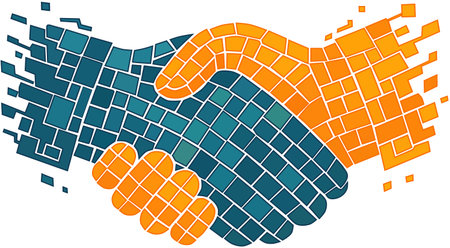 Handshake of two people in orange and blue colors on a white backgroundのイラスト素材