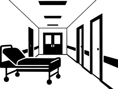 Minimalist Black and White Silhouette of Hospital Corridor with Patient Bed. Healthcare hospital medical interior iconのイラスト素材