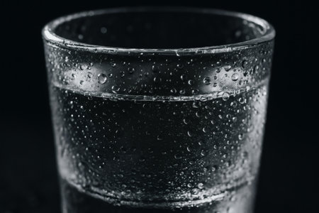 Crystal-Clear Vodka Glass Close-Up with Cold Texture. Drink, alcohol, beverage, spirit, bar, refreshingの素材