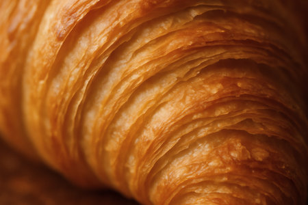 Flaky Croissant Close Up with Golden Layers and Buttery Texture. Croissant, pastry, bakery, breakfast, dessert, gourmetの素材