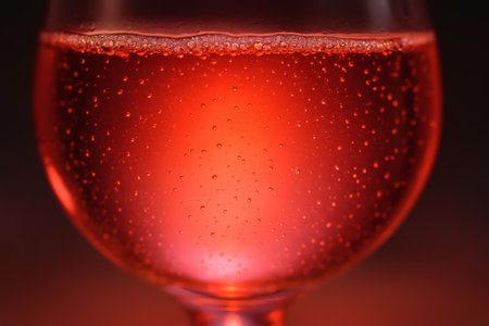 Glowing Rose Wine Close Up with Light Reflection. Wine, rose, beverage, drink, glass, luxury, celebrationの素材