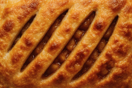 Flaky Strudel Pastry Close-Up with Warm Golden Layers. Dessert, food, pastry, sweet, bakery, traditionalの素材