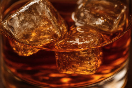 Whiskey Glass with Melting Ice in Warm Ambient Light. Drink, alcohol, beverage, bourbon, scotch, refreshingの素材