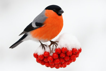 Vibrant Bullfinch Perched on Rowan Berries in Winter. Bird, wildlife, nature, snow, colorful, gardenの素材