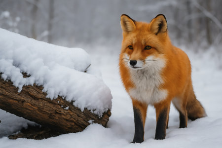 Red Fox in Snowy Winter Wonderland. Wildlife, predator, fox, forest, snow, winter, nature, wildの素材