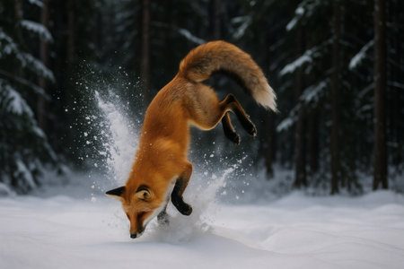 Red Fox Hunting in Snowy Forest Action Shot. Wildlife, predator, fox, winter, nature, snow, forestの素材