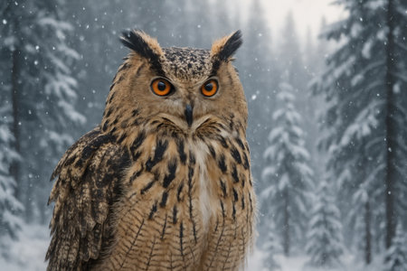 Majestic Eagle Owl Standing in Falling Snow Close-Up. Bird, wildlife, predator, winter, nature, raptorの素材