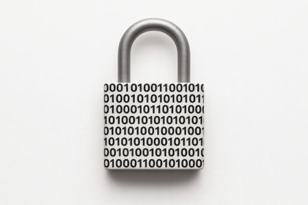 Padlock with binary code overlay symbolizing cybersecurity. Technology, security, digital, data, protectionの素材