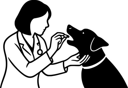 Dog Oral Medicine Silhouette, Vet Administering Treatment to Pet in Minimal Vector Styleのイラスト素材
