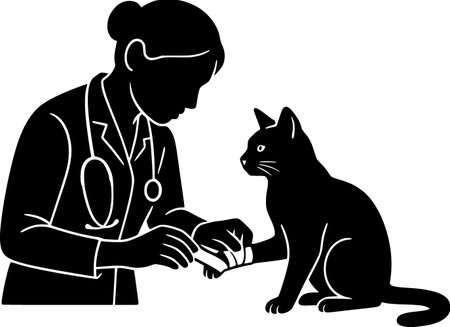 Veterinarian Bandaging Cat Paw Silhouette, Injured Pet Care Minimal Vectorのイラスト素材