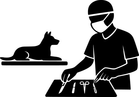 Animal Surgery Preparation Silhouette, Veterinary Operation Tools and Medical Procedure Icon Setのイラスト素材