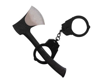 Instrument of crime. Throwing ax in handcuffs on a white background.の写真素材