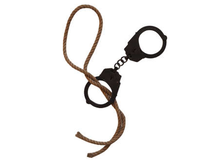 Instrument of crime. Garrote in handcuffs on a white background.の写真素材