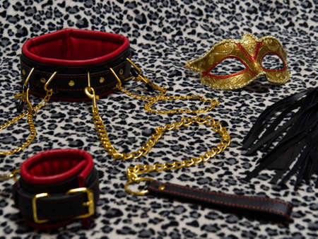 Toys for adults. Carnival mask, red and black leather handcuffs, collar, whip and nipple clamps with a gold chain on a leopard background. BDSM equipment.の写真素材