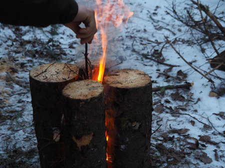 A man throws a hand into the campfire "Finnish candle" kindling in the form of small twigs. Lighting a fire in the winter forest in a campfire. The concept of survival in extreme conditions.の写真素材