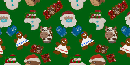 Christmas gingerbread on a green background. Seamless repeating pattern with brown homemade cookies in colored icing sugar. New year ornament handmade decoration.の写真素材